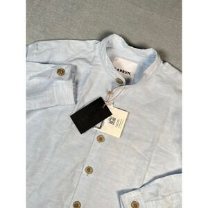 LABRUM LONDON Men XL Linen Viscose LS Light Blue Band Collar Button Up Shirt new